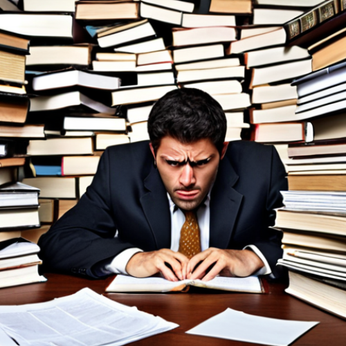 Home 22 A stressed lawyer surrounded by piles of paperwork, deadlines looming, and legal books, highlighting the challenges of the profession impacting mental health. Depict anxiety and exhaustion.