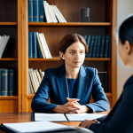 A professional and experienced female lawyer, mid-career, with a calm, thoughtful expression, wearing a modest business suit. She is seated at a polished wooden negotiation table, engaged in empathetic communication, with a diverse group of fully clothed individuals. The background is a modern, sunlit law office with soft, diffused lighting and blurred bookshelves, conveying an atmosphere of wisdom and calm resolution. The scene emphasizes trust and clear communication. safe for work, appropriate content, fully clothed, professional dress, correct proportions, perfect anatomy, natural pose, well-formed hands, natural body proportions, high-quality professional photography, family-friendly.