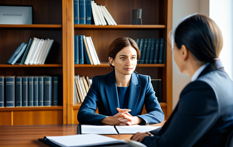 A professional and experienced female lawyer, mid-career, with a calm, thoughtful expression, wearing a modest business suit. She is seated at a polished wooden negotiation table, engaged in empathetic communication, with a diverse group of fully clothed individuals. The background is a modern, sunlit law office with soft, diffused lighting and blurred bookshelves, conveying an atmosphere of wisdom and calm resolution. The scene emphasizes trust and clear communication. safe for work, appropriate content, fully clothed, professional dress, correct proportions, perfect anatomy, natural pose, well-formed hands, natural body proportions, high-quality professional photography, family-friendly.