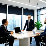**

A diverse team of lawyers collaborating in a modern office. One lawyer is presenting data on a large screen while others are engaged in discussion. Everyone is fully clothed in professional business attire: suits, dresses, button-down shirts. The environment is bright and collaborative, with large windows and plants. Perfect anatomy, natural pose, well-formed hands, safe for work, appropriate content, professional.

**