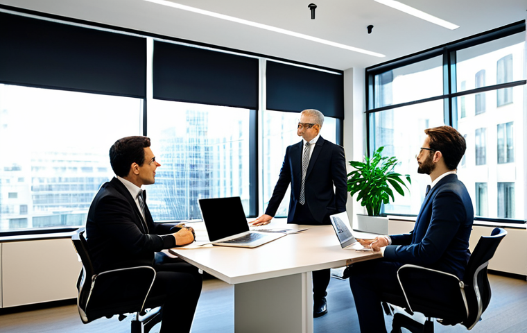**

A diverse team of lawyers collaborating in a modern office. One lawyer is presenting data on a large screen while others are engaged in discussion. Everyone is fully clothed in professional business attire: suits, dresses, button-down shirts. The environment is bright and collaborative, with large windows and plants. Perfect anatomy, natural pose, well-formed hands, safe for work, appropriate content, professional.

**