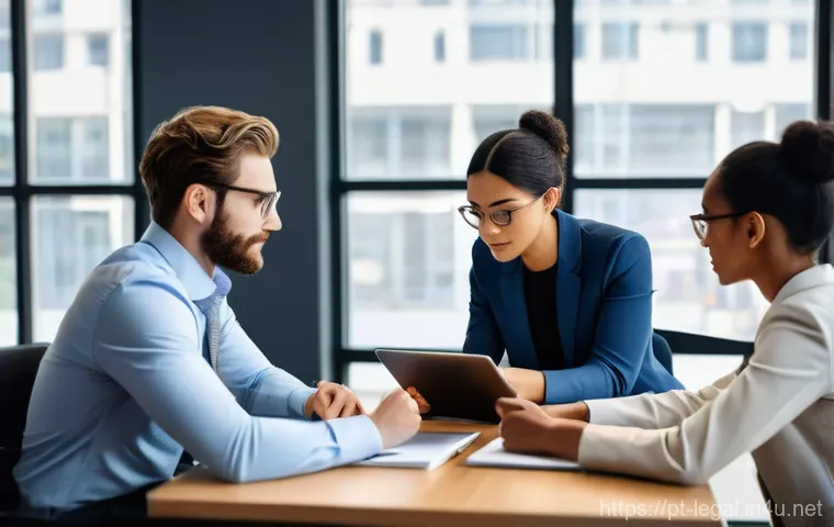 법률 자문가의 직무 만족도 조사 - **Prompt:** A dynamic, diverse group of young legal professionals (men and women, various ethnicitie...