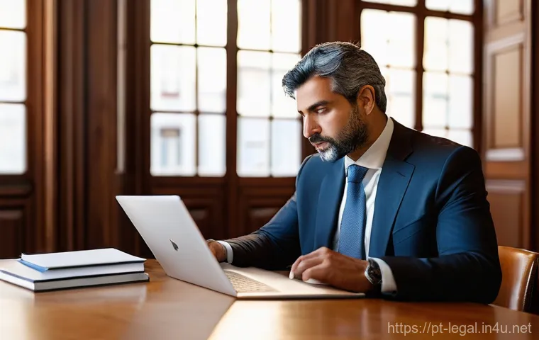 법률자문가 일일 업무 - **Prompt:** A modern Portuguese legal consultant, late 30s to early 40s, dressed in a sharp business...