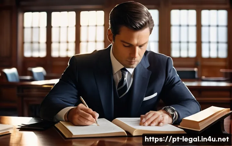 법률 자문가의 일일 루틴 - **A highly focused male lawyer in his late 30s, dressed in a sharp business suit, intensely analyzin...