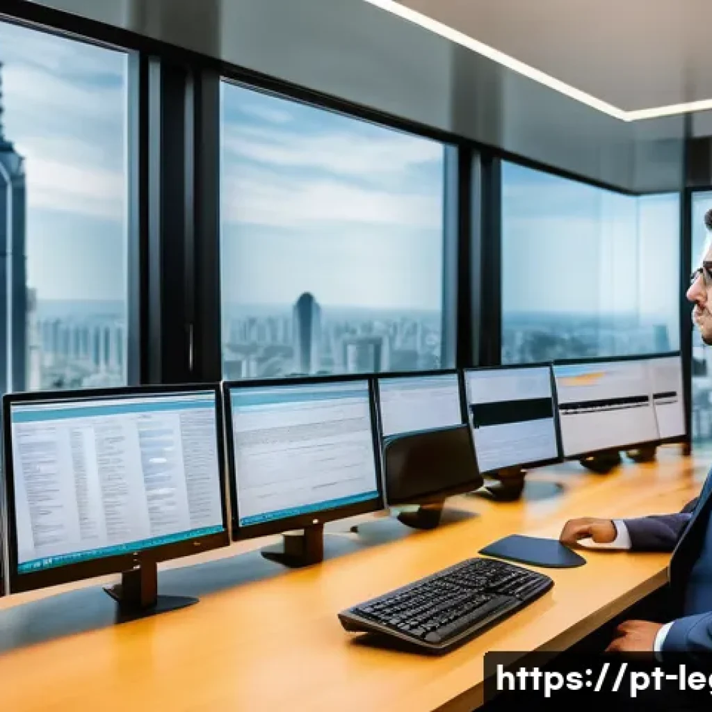 법률 자문가의 업무 흐름 - A professional legal consultant working in a modern São Paulo office, surrounded by multiple compute...