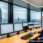 법률 자문가의 업무 흐름 - A professional legal consultant working in a modern São Paulo office, surrounded by multiple compute...