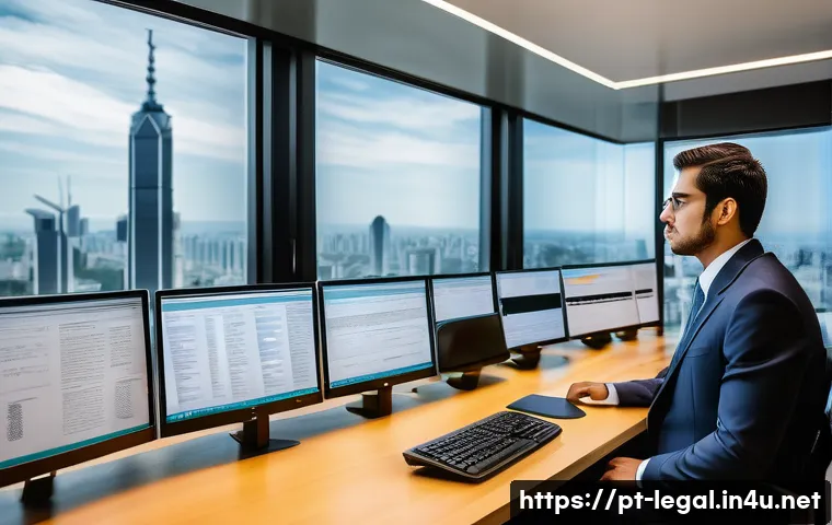 법률 자문가의 업무 흐름 - A professional legal consultant working in a modern São Paulo office, surrounded by multiple compute...