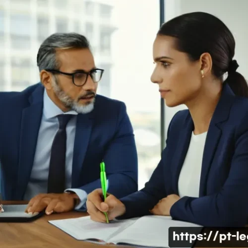 법률 자문가의 고객 관리 방식 - A professional Brazilian lawyer in a modern office setting, attentively listening to a middle-aged c...
