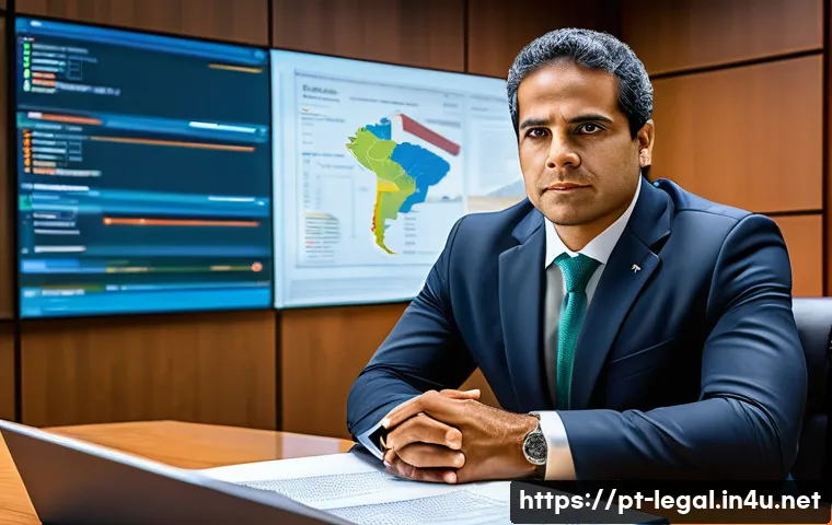 법률 자문가의 법률 연구 - A detailed and professional illustration of a Brazilian lawyer in a modern office setting, surrounde...