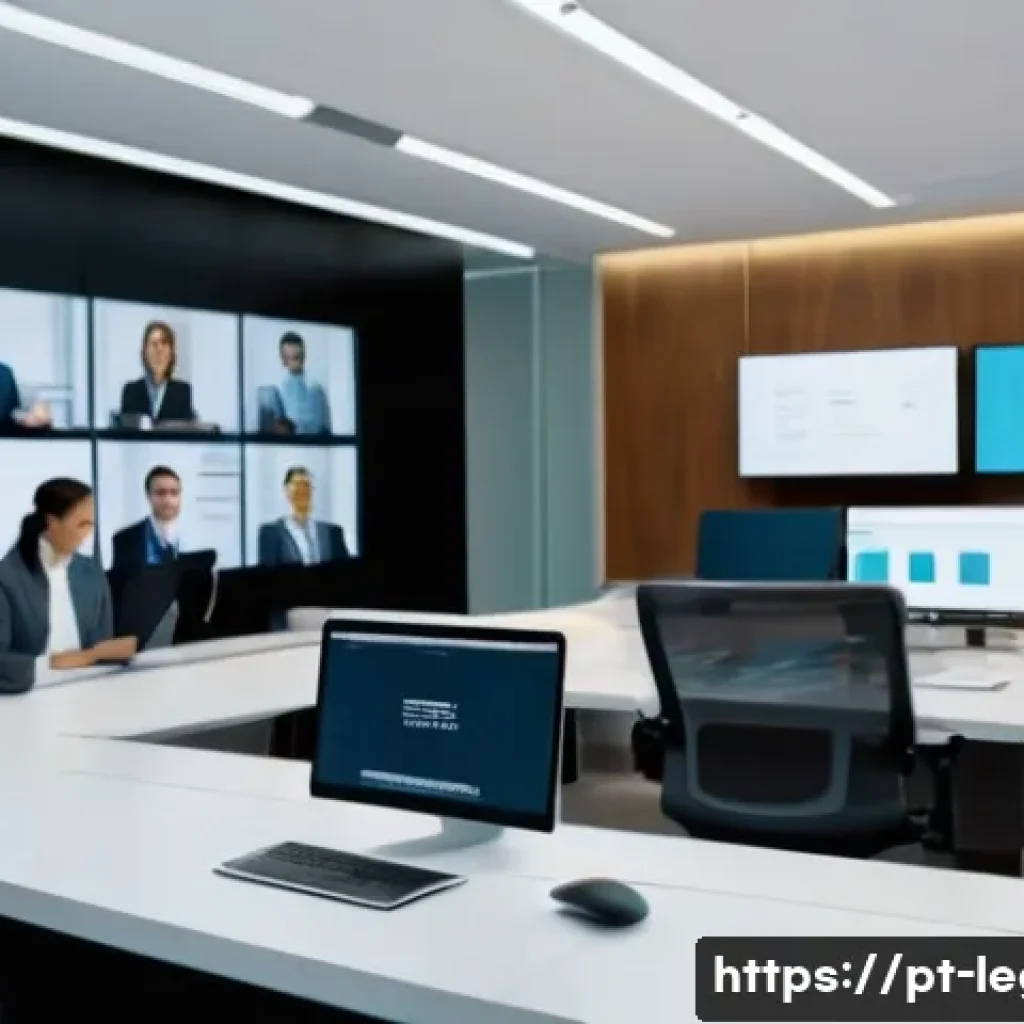 법률 업무의 흐름 - A modern law office interior with a diverse team of professionals engaged in a digital communication...