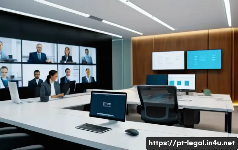 법률 업무의 흐름 - A modern law office interior with a diverse team of professionals engaged in a digital communication...