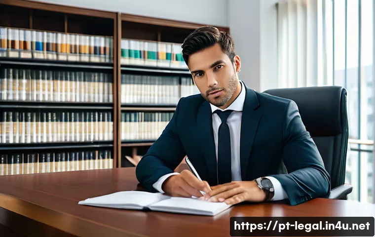 법률 자문가의 전문성 향상 방법 - A modern law office scene with a focused professional lawyer, a Brazilian man in his 30s, dressed in...