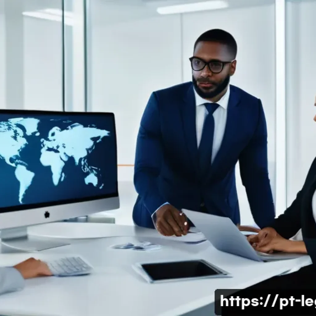 법률자문가의 역량 강화 프로그램 - A modern law office scene with a diverse group of professional lawyers using advanced technology too...