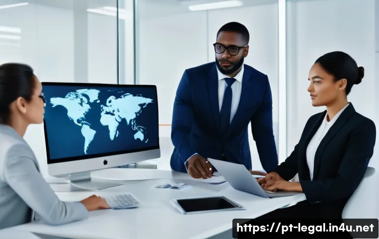 법률자문가의 역량 강화 프로그램 - A modern law office scene with a diverse group of professional lawyers using advanced technology too...