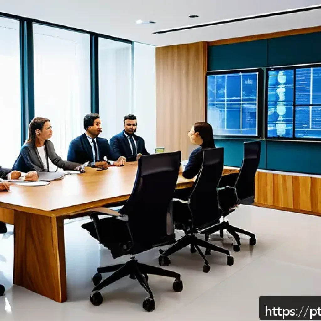 법률 자문가의 직무 변화 - A modern Brazilian law office interior with diverse lawyers collaborating around digital screens dis...