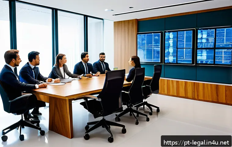 법률 자문가의 직무 변화 - A modern Brazilian law office interior with diverse lawyers collaborating around digital screens dis...