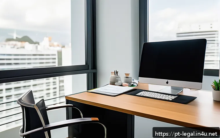 법률 자문가의 직무 효율화 전략 - A modern Brazilian law office workspace showing a well-organized desk with dual monitors displaying ...