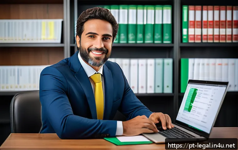 법률자문가의 실무역량 - A professional Brazilian lawyer in a modern office setting, dressed in smart business attire with a ...