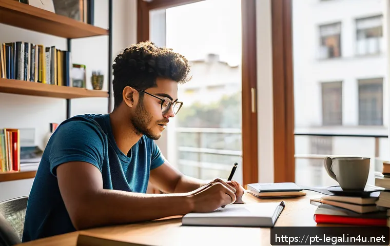 법률 자문가의 자격 시험 - A focused young adult studying in a bright, organized home office in São Paulo, Brazil, surrounded b...